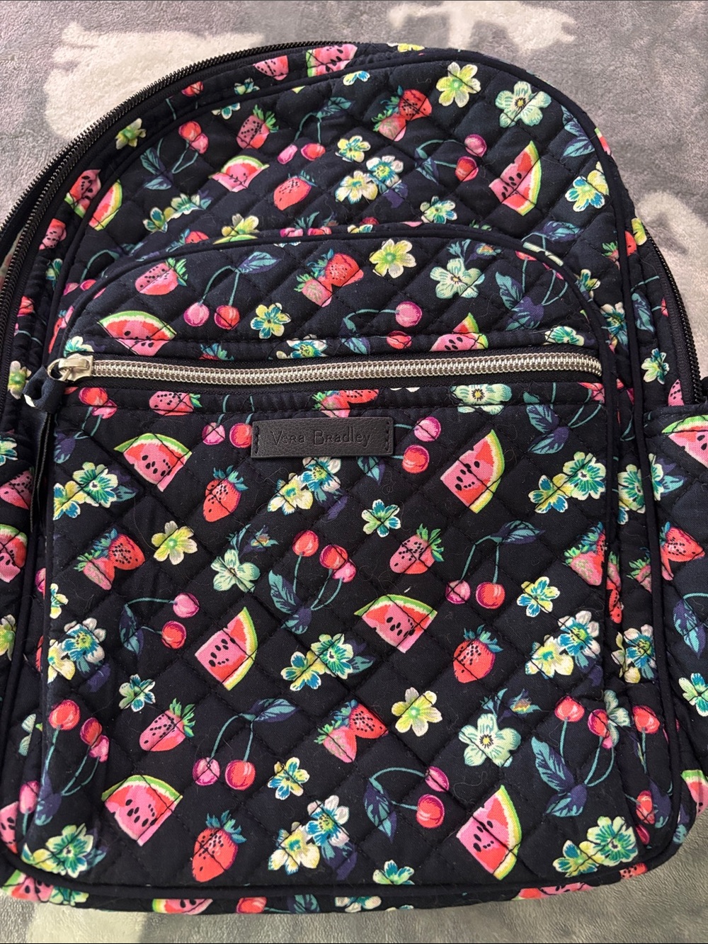 Vera Bradley Black Quilted MINI Backpack with Pink & Red Fruit Floral Print